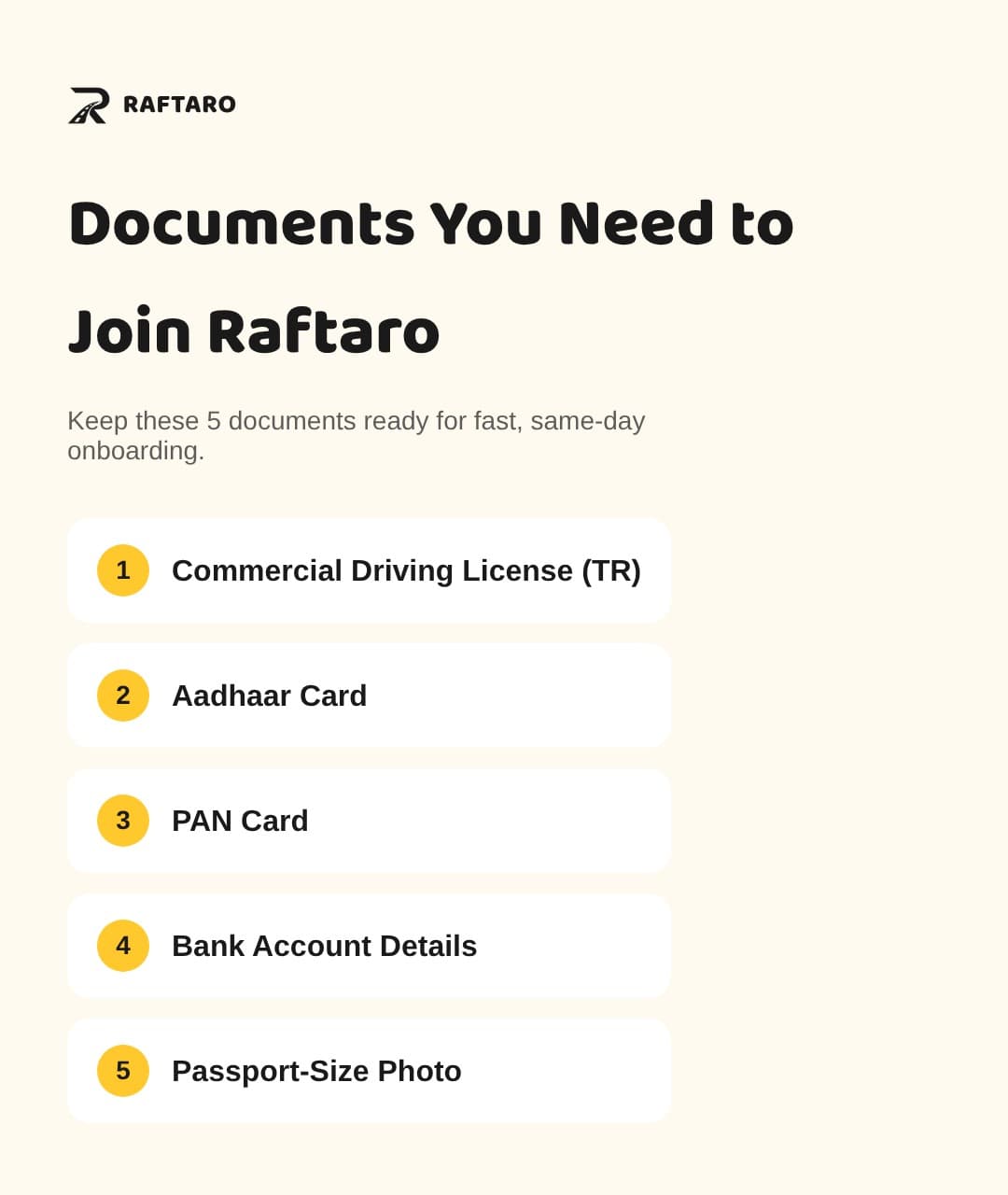 Documents required for Raftaro driver job in Mumbai — commercial license, Aadhaar, PAN, bank account, photo