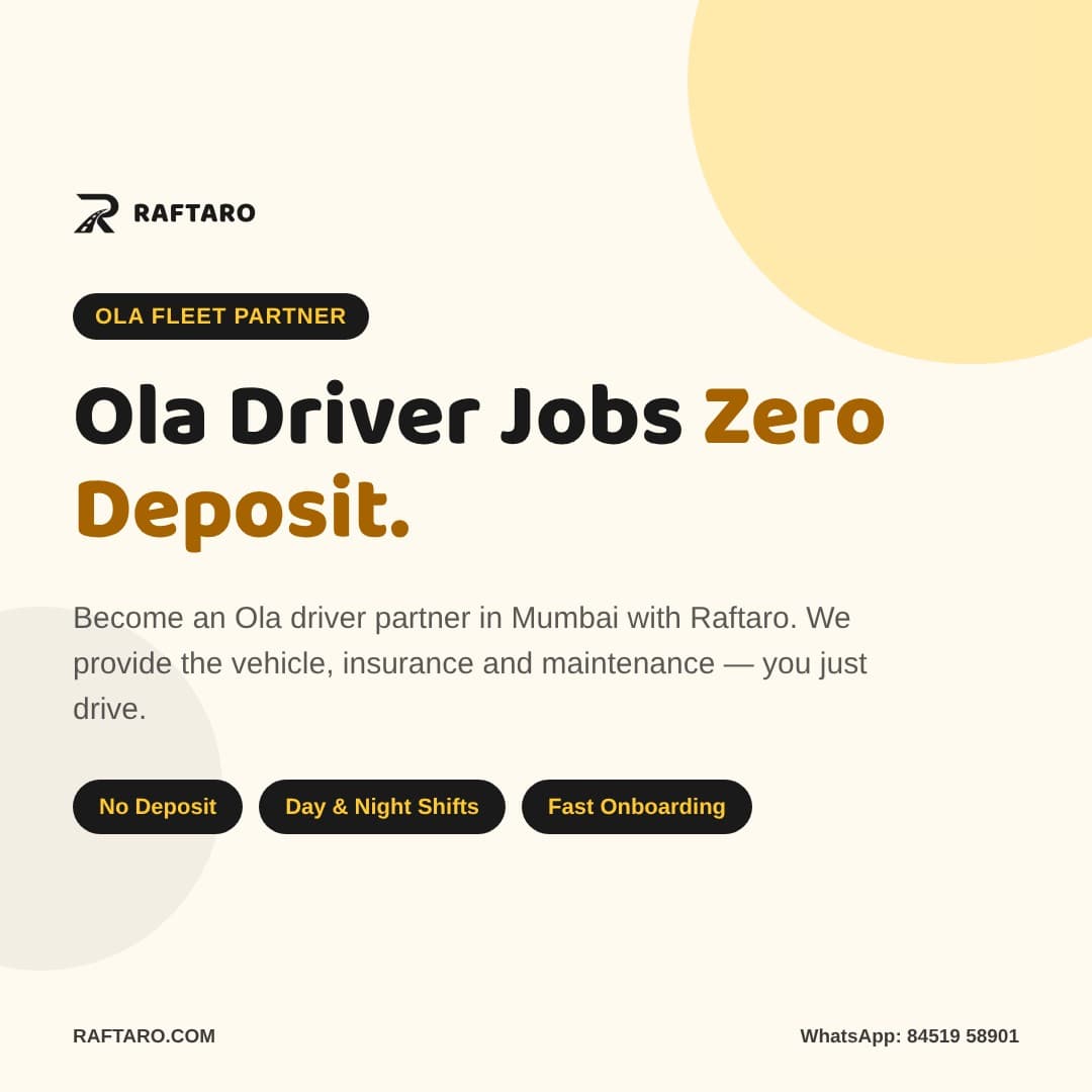 Ola driver jobs in Mumbai poster — zero deposit, day and night shifts, fast onboarding