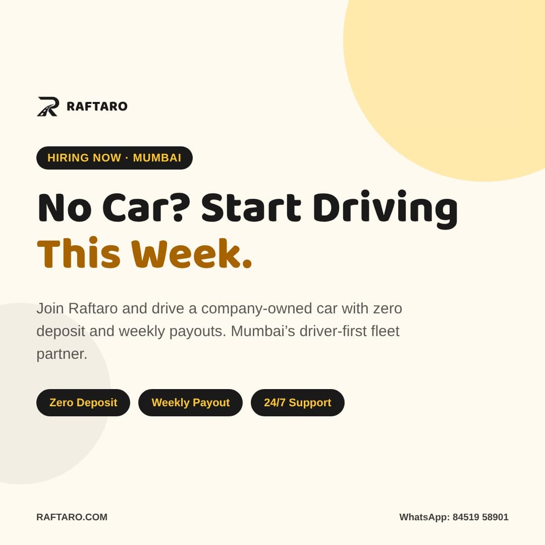 Raftaro driver jobs in Mumbai poster — no car needed, zero deposit, weekly payout, 24/7 support