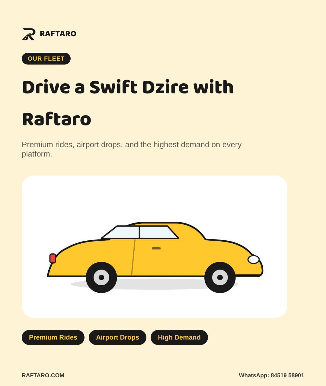 Swift Dzire driver job in Mumbai poster — premium sedan, company car, Raftaro fleet