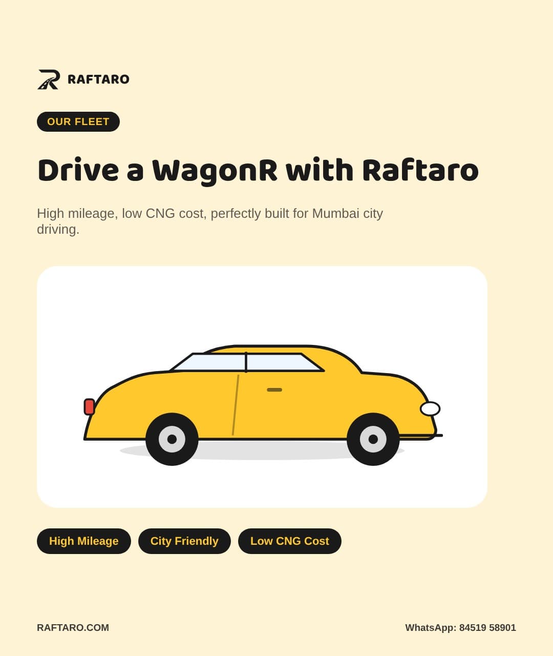 WagonR driver job in Mumbai poster — high mileage hatchback, company car, Raftaro fleet