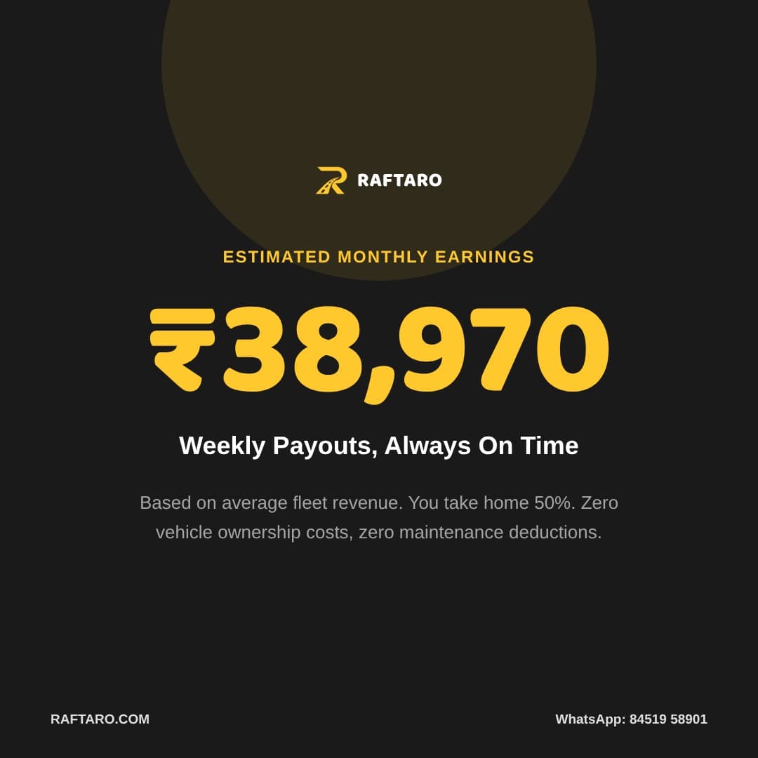 Weekly payout driver jobs in Mumbai poster — estimated monthly earnings ₹38,970, 50 percent revenue share